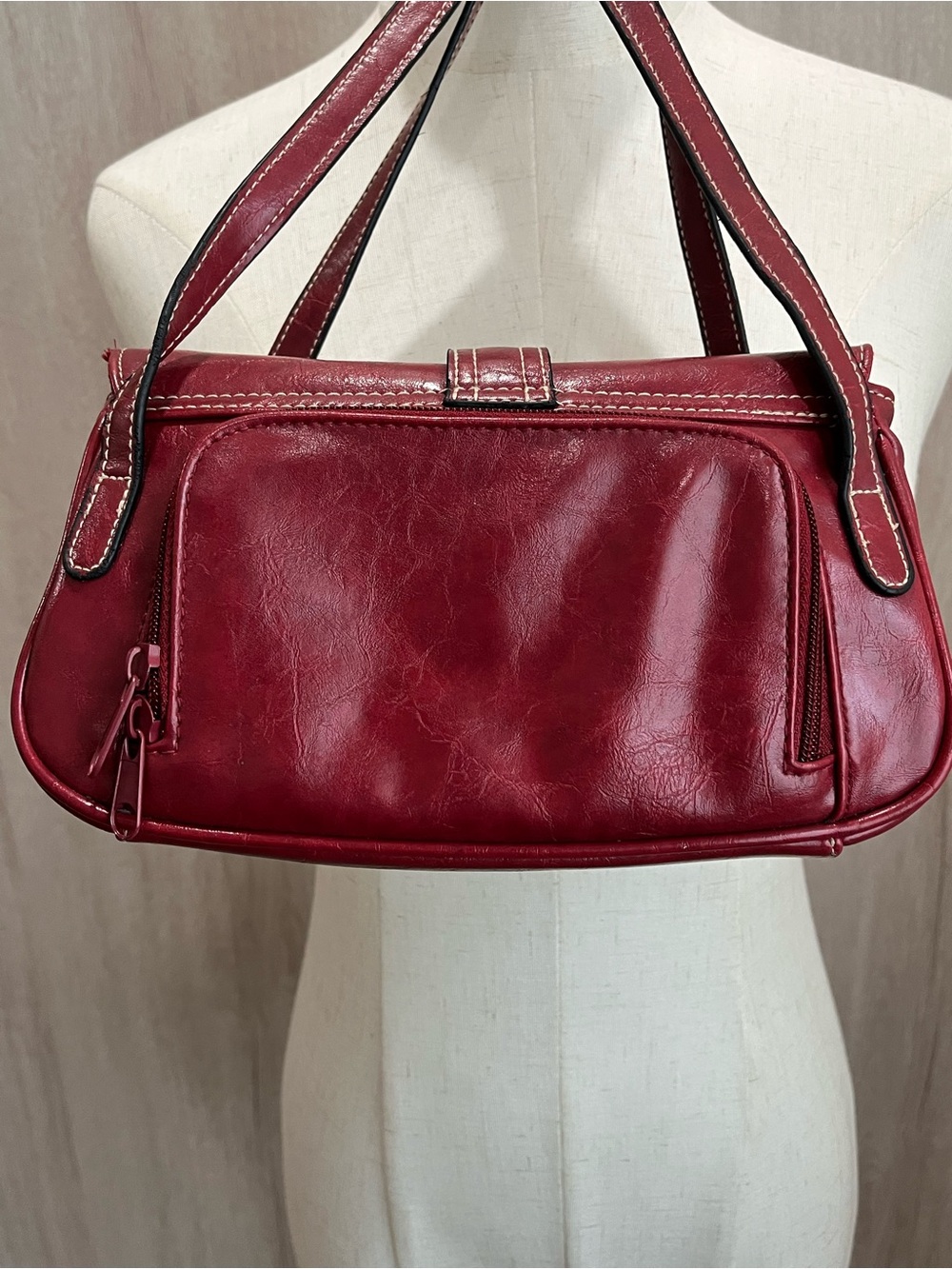 Y2K Red Shoulder Bag Coach Inspired Contrast Stitch Flap Pocket Purse - Picture 3 of 10